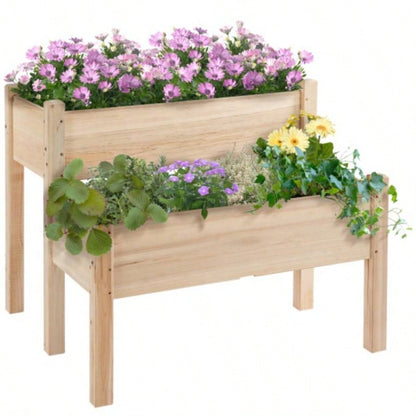 Outsunny 34x34x28 Raised Garden Bed, 2 - Tier Elevated Wood Planter Box Backyard, Patio to Grow Vegetables, Herbs, and Flowers, Natural
