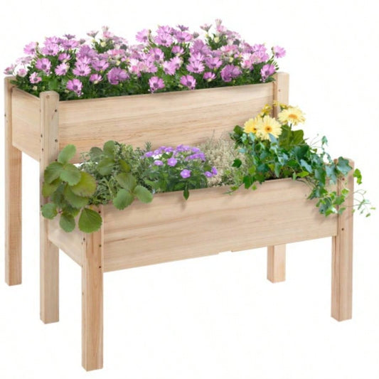 Outsunny 34x34x28 Raised Garden Bed, 2 - Tier Elevated Wood Planter Box Backyard, Patio to Grow Vegetables, Herbs, and Flowers, Natural