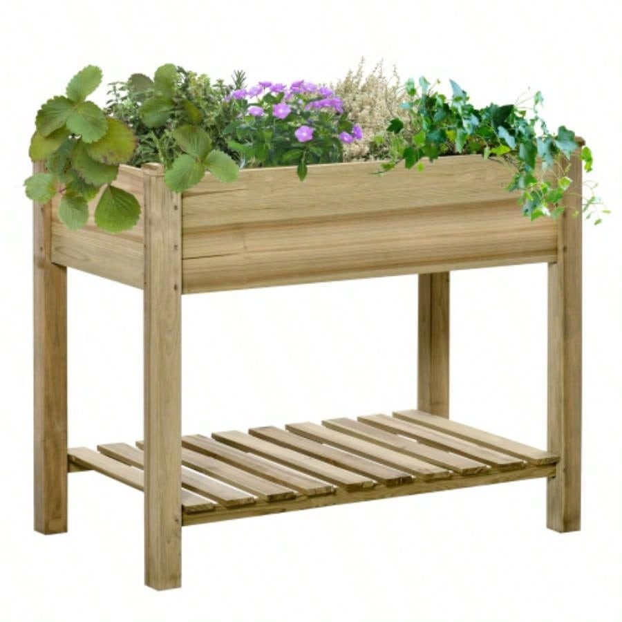 Outsunny 36x 20x 30 Raised Garden Bed, Elevated Wood Planter Box with and Storage Shelf Backyard, Patio, Balcony to Grow Vegetables, Herbs, and Flowers