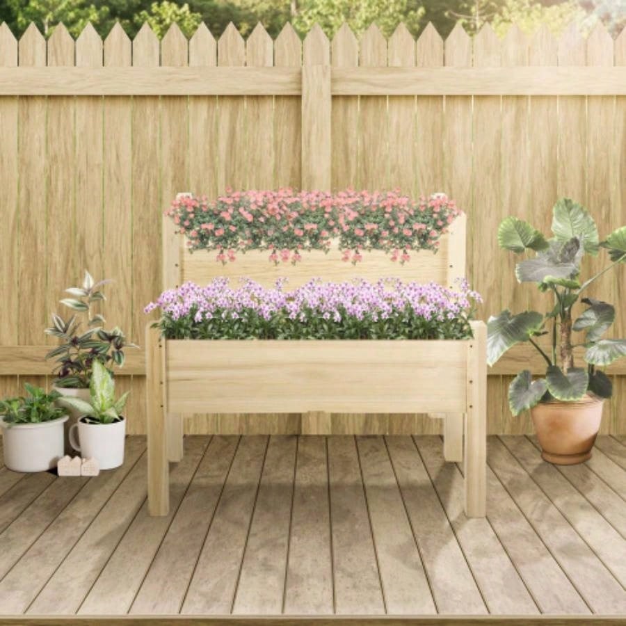 Outsunny 34x34x28 Raised Garden Bed, 2 - Tier Elevated Wood Planter Box Backyard, Patio to Grow Vegetables, Herbs, and Flowers, Natural