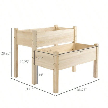 Outsunny 34x34x28 Raised Garden Bed, 2 - Tier Elevated Wood Planter Box Backyard, Patio to Grow Vegetables, Herbs, and Flowers, Natural