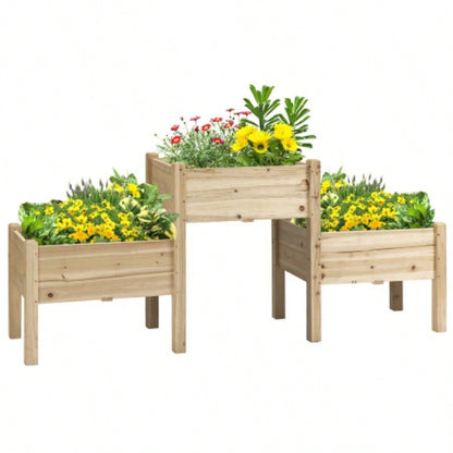 Outsunny Raised Garden Bed with 3 Planter Box, Elevated Wooden Plant Stand with Drainage Holes, Vegetables, Herb and Flowers, Natural