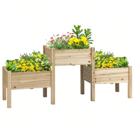 Outsunny Raised Garden Bed with 3 Planter Box, Elevated Wooden Plant Stand with Drainage Holes, Vegetables, Herb and Flowers, Natural