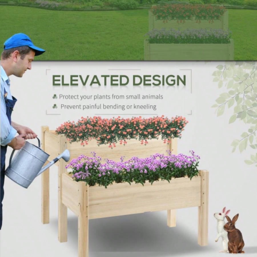 Outsunny 34x34x28 Raised Garden Bed, 2 - Tier Elevated Wood Planter Box Backyard, Patio to Grow Vegetables, Herbs, and Flowers, Natural