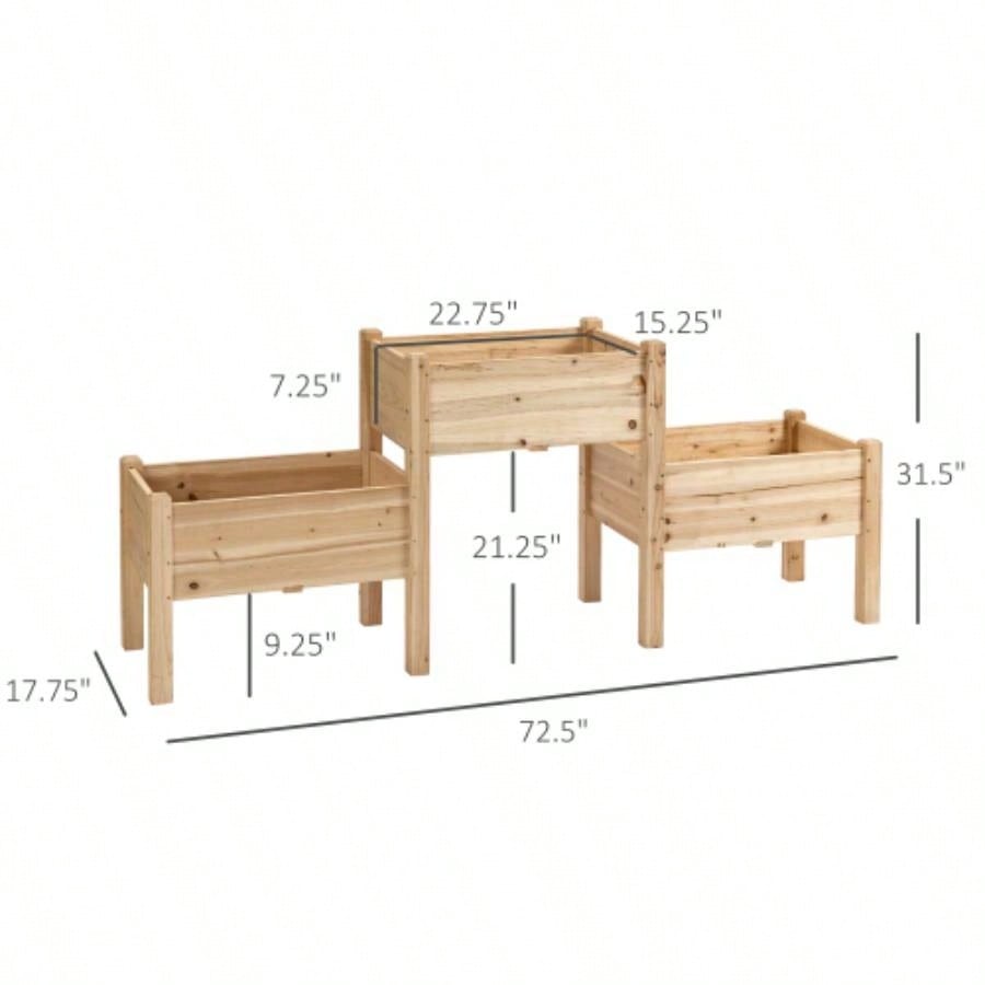 Outsunny Raised Garden Bed with 3 Planter Box, Elevated Wooden Plant Stand with Drainage Holes, Vegetables, Herb and Flowers, Natural