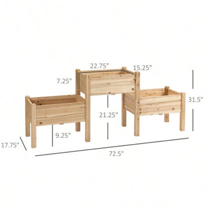 Outsunny Raised Garden Bed with 3 Planter Box, Elevated Wooden Plant Stand with Drainage Holes, Vegetables, Herb and Flowers, Natural