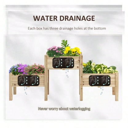 Outsunny Raised Garden Bed with 3 Planter Box, Elevated Wooden Plant Stand with Drainage Holes, Vegetables, Herb and Flowers, Natural