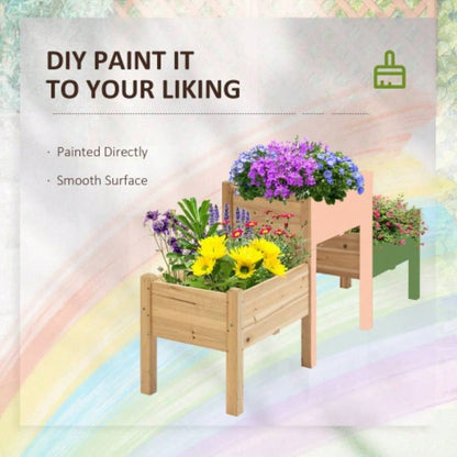 Outsunny Raised Garden Bed with 3 Planter Box, Elevated Wooden Plant Stand with Drainage Holes, Vegetables, Herb and Flowers, Natural