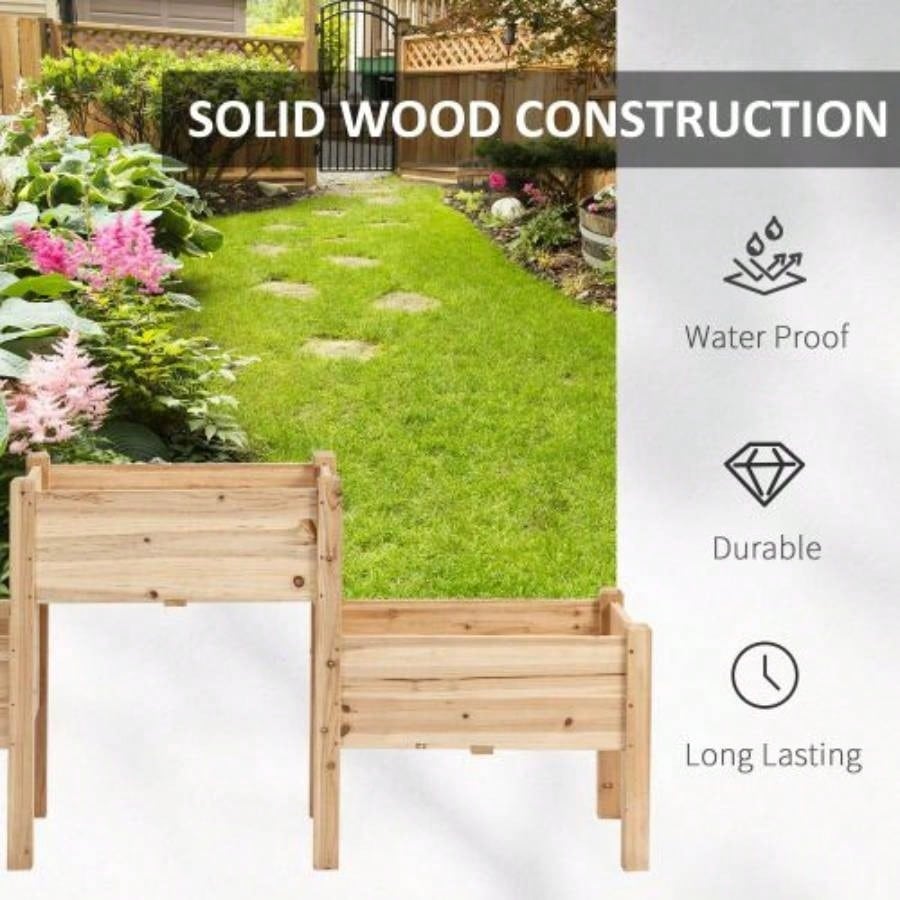 Outsunny Raised Garden Bed with 3 Planter Box, Elevated Wooden Plant Stand with Drainage Holes, Vegetables, Herb and Flowers, Natural