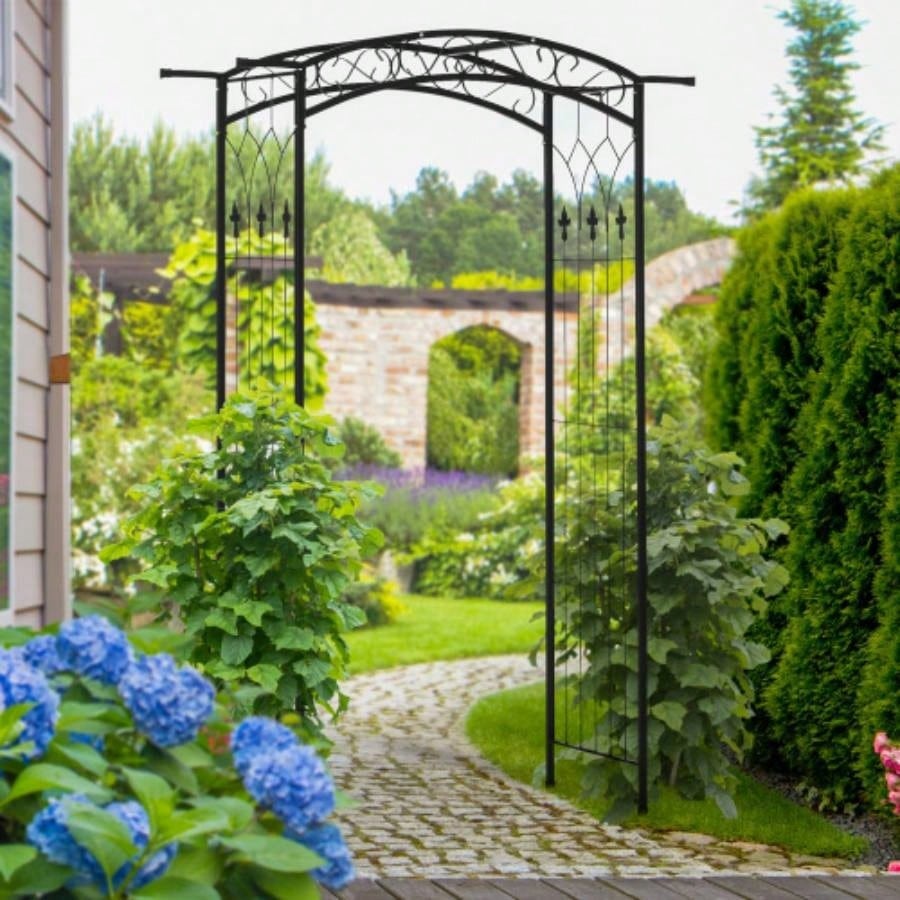 Outsunny 7Ft Outdoor Garden Arbor, Wedding Arch Ceremony, Trellis with Scrollwork Design, Climbing Vines and Plants