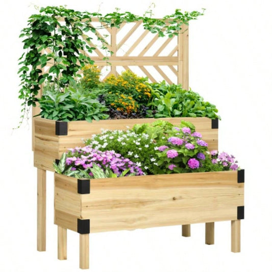 Outsunny Raised Garden Bed with Trellis, 2 Tier Wooden Elevated Planter Box with and Metal Corners Vegetables, Flowers, Herbs, Natural