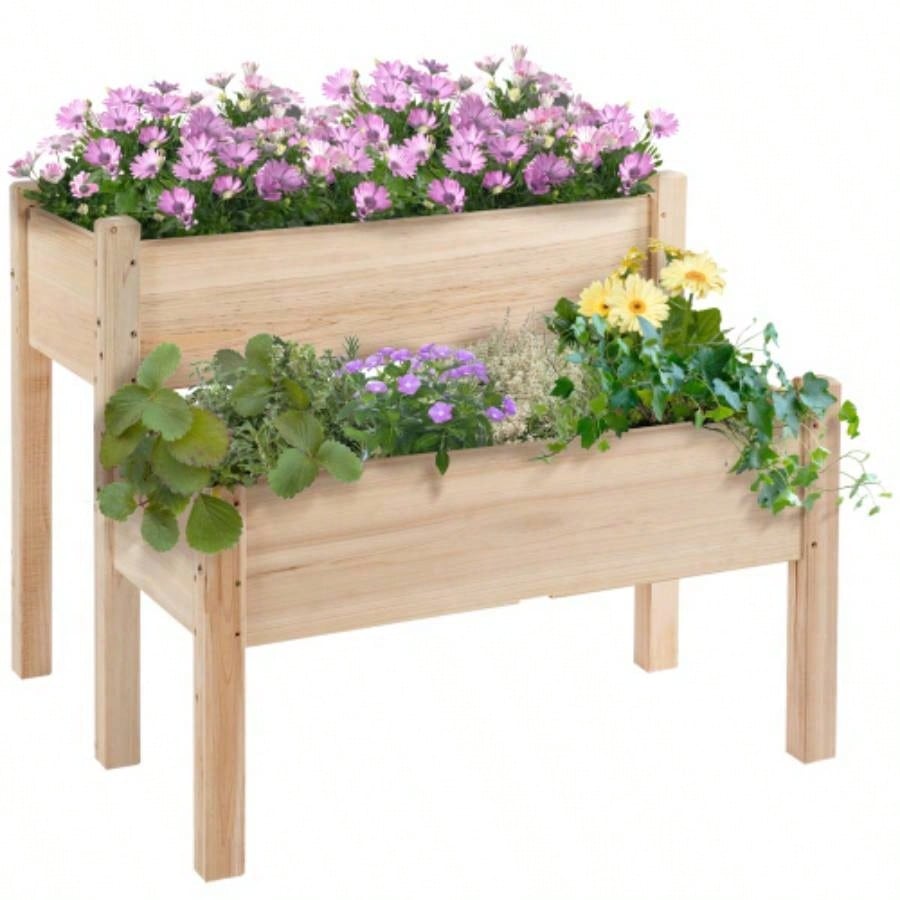 Outsunny 34x34x28 Raised Garden Bed, 2 - Tier Elevated Wood Planter Box Backyard, Patio to Grow Vegetables, Herbs, and Flowers, Natural
