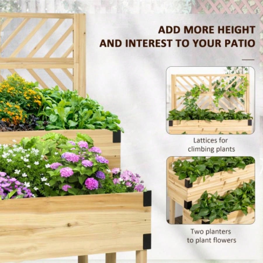 Outsunny Raised Garden Bed with Trellis, 2 Tier Wooden Elevated Planter Box with and Metal Corners Vegetables, Flowers, Herbs, Natural