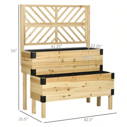 Outsunny Raised Garden Bed with Trellis, 2 Tier Wooden Elevated Planter Box with and Metal Corners Vegetables, Flowers, Herbs, Natural