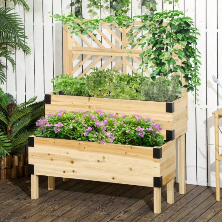 Outsunny Raised Garden Bed with Trellis, 2 Tier Wooden Elevated Planter Box with and Metal Corners Vegetables, Flowers, Herbs, Natural