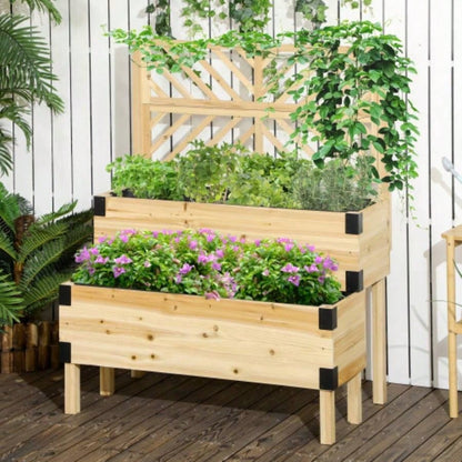 Outsunny Raised Garden Bed with Trellis, 2 Tier Wooden Elevated Planter Box with and Metal Corners Vegetables, Flowers, Herbs, Natural