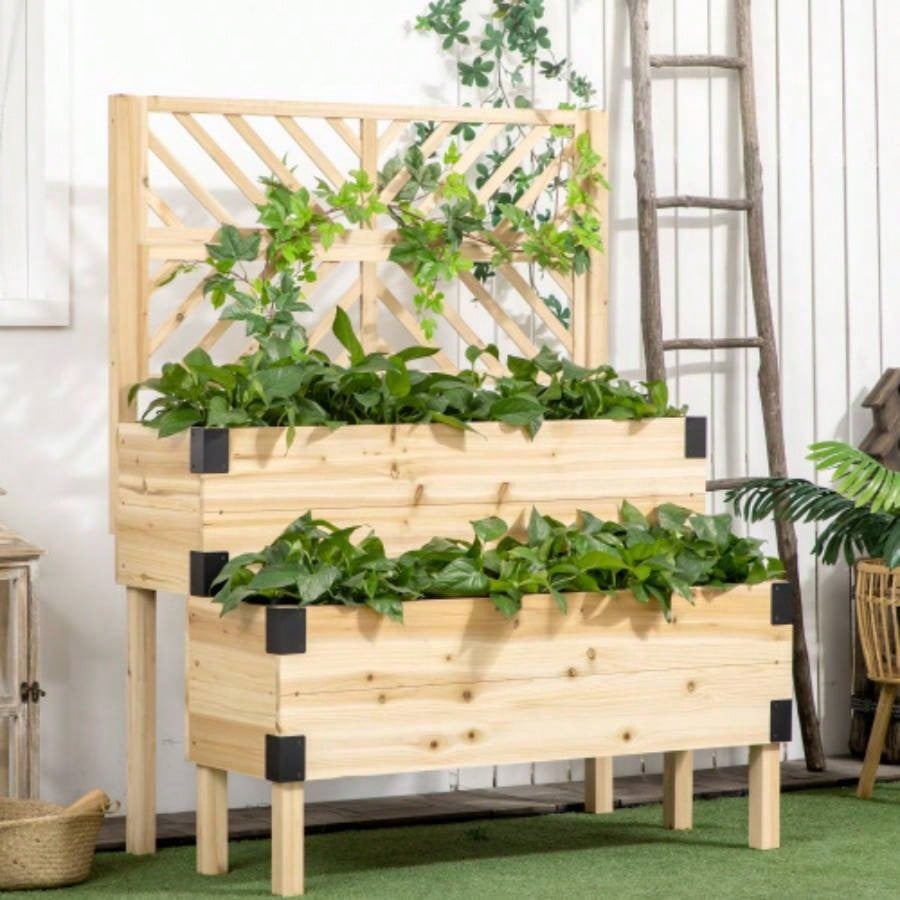 Outsunny Raised Garden Bed with Trellis, 2 Tier Wooden Elevated Planter Box with and Metal Corners Vegetables, Flowers, Herbs, Natural