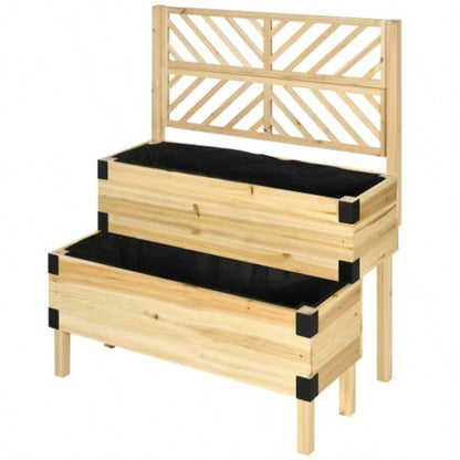 Outsunny Raised Garden Bed with Trellis, 2 Tier Wooden Elevated Planter Box with and Metal Corners Vegetables, Flowers, Herbs, Natural