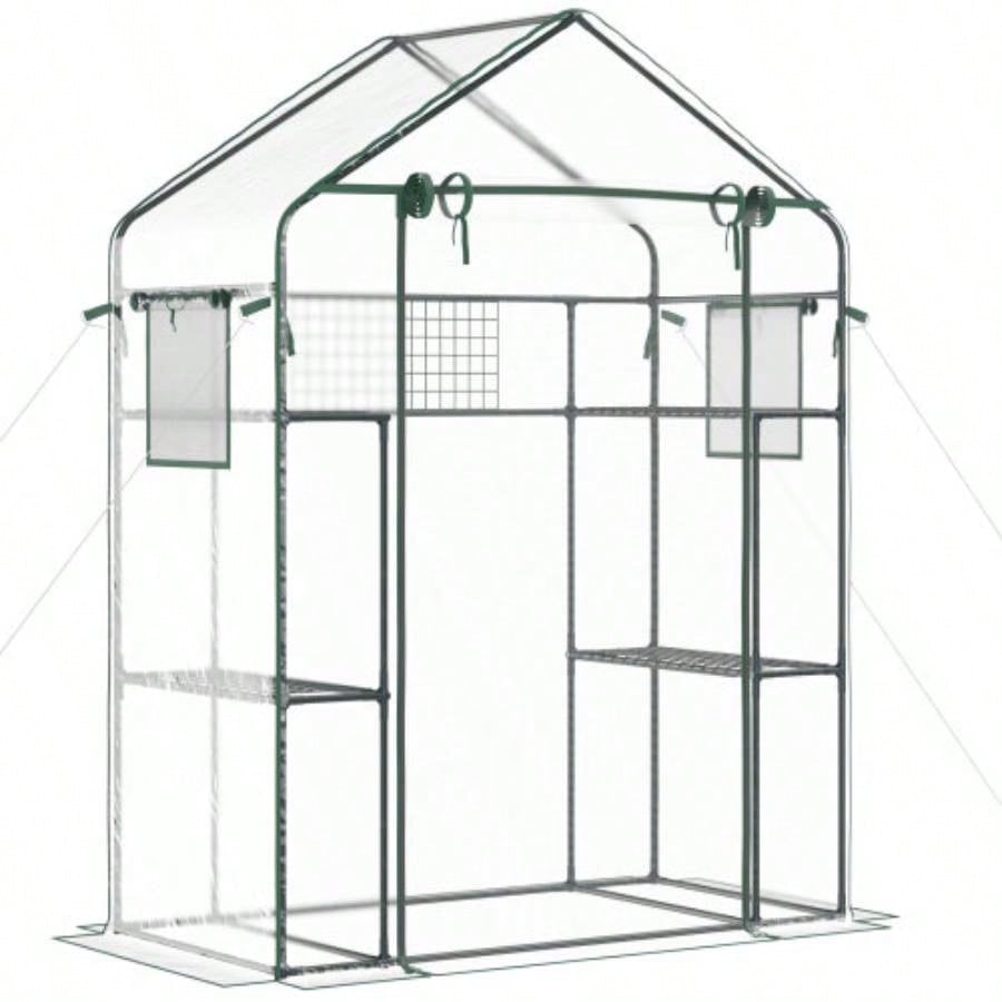 Outsunny Outdoor Walk - in Greenhouse with Mesh Door, Small Portable Garden Green House with 3 Tiers 6 Shelves, Trellis, Plant Labels