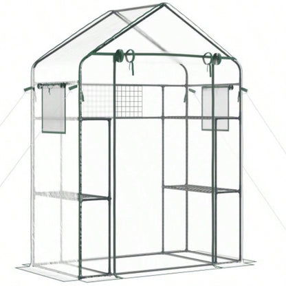 Outsunny Outdoor Walk - in Greenhouse with Mesh Door, Small Portable Garden Green House with 3 Tiers 6 Shelves, Trellis, Plant Labels