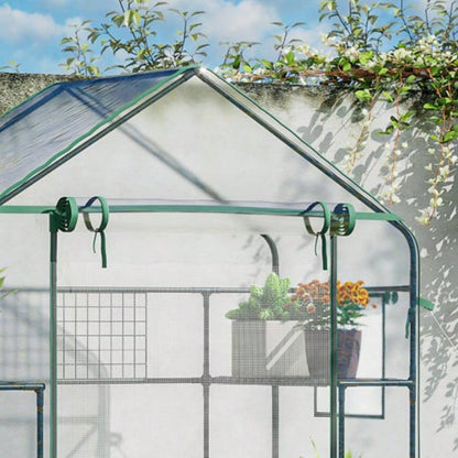 Outsunny Outdoor Walk - in Greenhouse with Mesh Door, Small Portable Garden Green House with 3 Tiers 6 Shelves, Trellis, Plant Labels