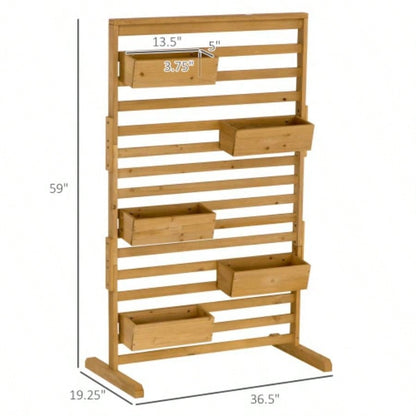 Outsunny Wooden Plant Trellis Stand with 5 Hanging Planter Boxes, Freestanding Outdoor Plant Stand Patio, Garden, Balcony, Porch