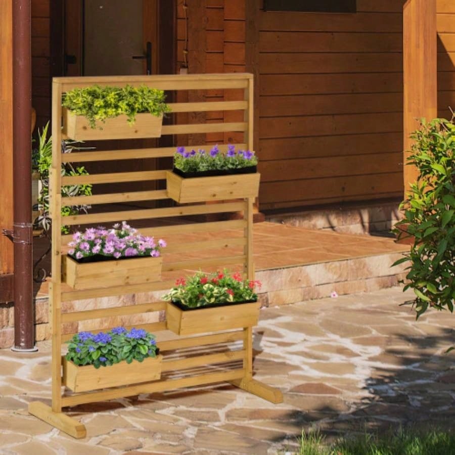 Outsunny Wooden Plant Trellis Stand with 5 Hanging Planter Boxes, Freestanding Outdoor Plant Stand Patio, Garden, Balcony, Porch