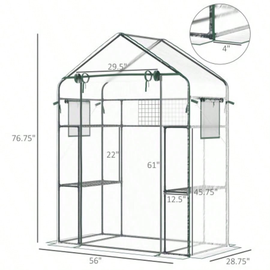 Outsunny Outdoor Walk - in Greenhouse with Mesh Door, Small Portable Garden Green House with 3 Tiers 6 Shelves, Trellis, Plant Labels