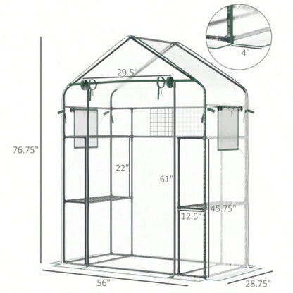 Outsunny Outdoor Walk - in Greenhouse with Mesh Door, Small Portable Garden Green House with 3 Tiers 6 Shelves, Trellis, Plant Labels