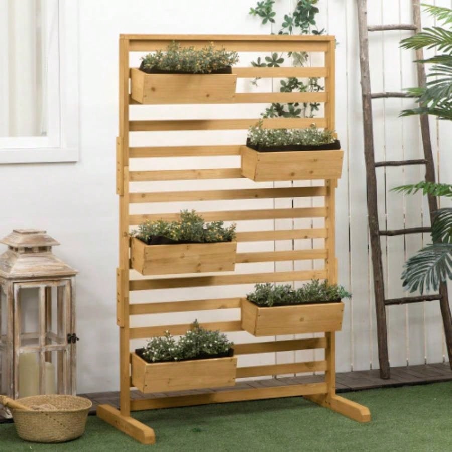 Outsunny Wooden Plant Trellis Stand with 5 Hanging Planter Boxes, Freestanding Outdoor Plant Stand Patio, Garden, Balcony, Porch