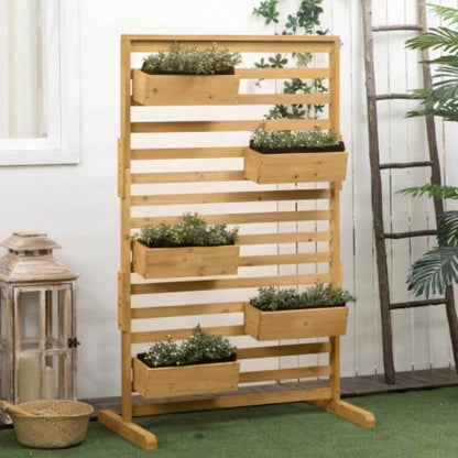 Outsunny Wooden Plant Trellis Stand with 5 Hanging Planter Boxes, Freestanding Outdoor Plant Stand Patio, Garden, Balcony, Porch