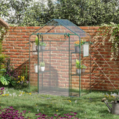 Outsunny Outdoor Walk - in Greenhouse with Mesh Door, Small Portable Garden Green House with 3 Tiers 6 Shelves, Trellis, Plant Labels