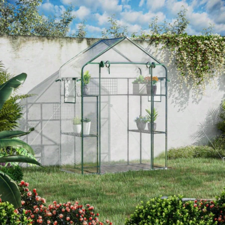 Outsunny Outdoor Walk - in Greenhouse with Mesh Door, Small Portable Garden Green House with 3 Tiers 6 Shelves, Trellis, Plant Labels