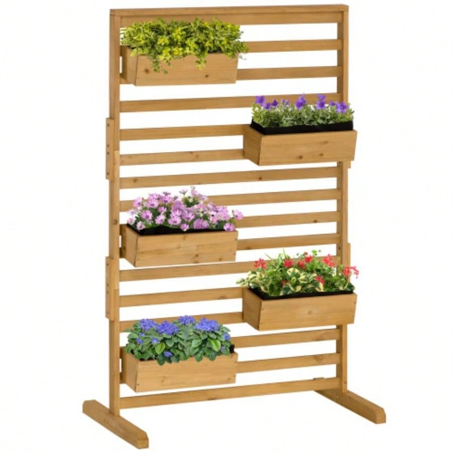 Outsunny Wooden Plant Trellis Stand with 5 Hanging Planter Boxes, Freestanding Outdoor Plant Stand Patio, Garden, Balcony, Porch