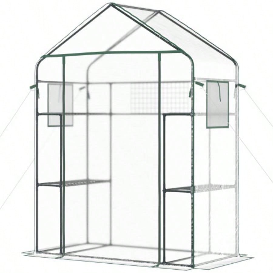 Outsunny Outdoor Walk - in Greenhouse with Mesh Door, Small Portable Garden Green House with 3 Tiers 6 Shelves, Trellis, Plant Labels