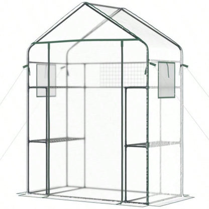 Outsunny Outdoor Walk - in Greenhouse with Mesh Door, Small Portable Garden Green House with 3 Tiers 6 Shelves, Trellis, Plant Labels