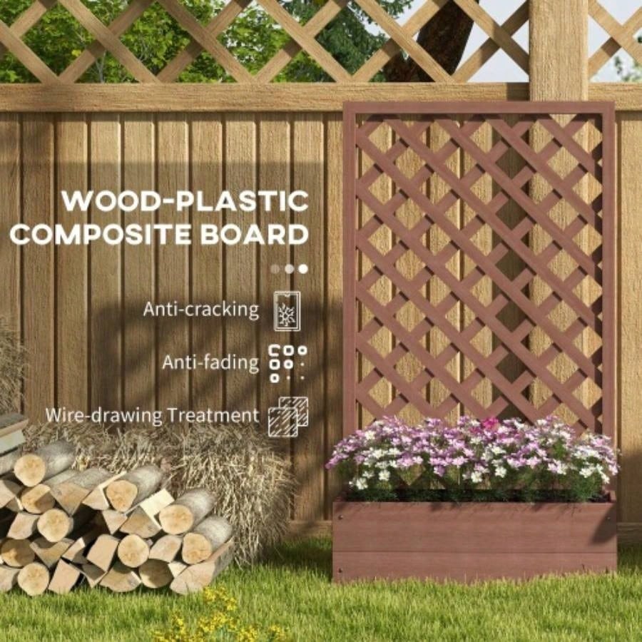 Outsunny Raised Garden Bed with Trellis Lattice, Wood Planter Box with Self Draining, Freestanding Trellis Planter Climbing Plants, Vines, Flowers, 29.5x 13.25x 53.25 Light Brown