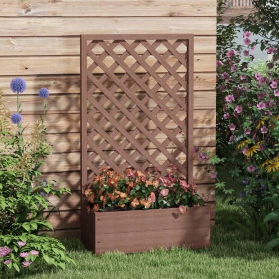 Outsunny Raised Garden Bed with Trellis Lattice, Wood Planter Box with Self Draining, Freestanding Trellis Planter Climbing Plants, Vines, Flowers, 29.5x 13.25x 53.25 Light Brown