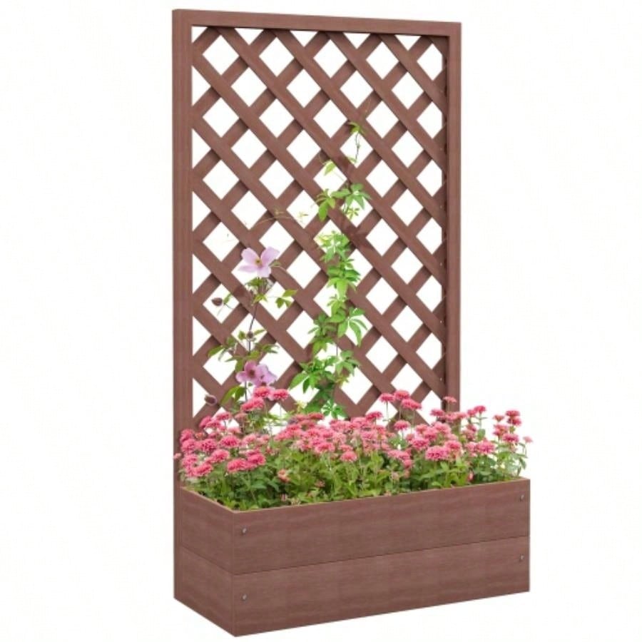 Outsunny Raised Garden Bed with Trellis Lattice, Wood Planter Box with Self Draining, Freestanding Trellis Planter Climbing Plants, Vines, Flowers, 29.5x 13.25x 53.25 Light Brown