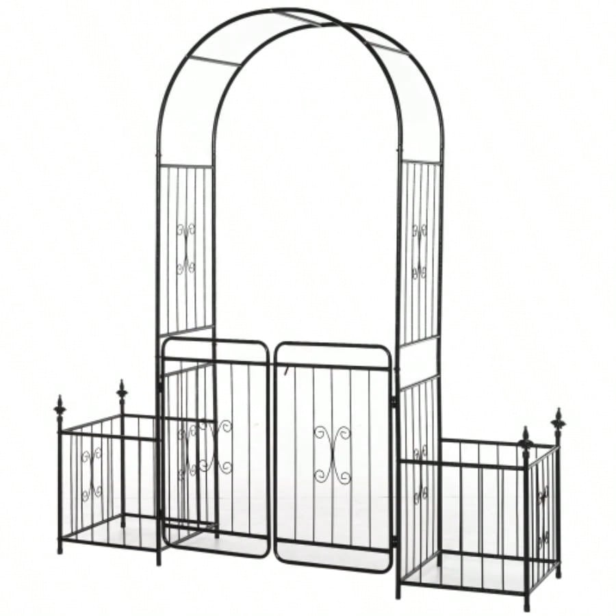 Outsunny 86 Garden Arbor Arch Gate with Trellis Sides Climbing Plants, Wedding Ceremony Decorations, Grape Vines with Locking Doors, Planter Baskets, Flourishes Tips, Black