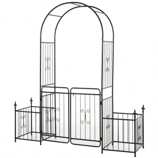 Outsunny 86 Garden Arbor Arch Gate with Trellis Sides Climbing Plants, Wedding Ceremony Decorations, Grape Vines with Locking Doors, Planter Baskets, Flourishes Tips, Black