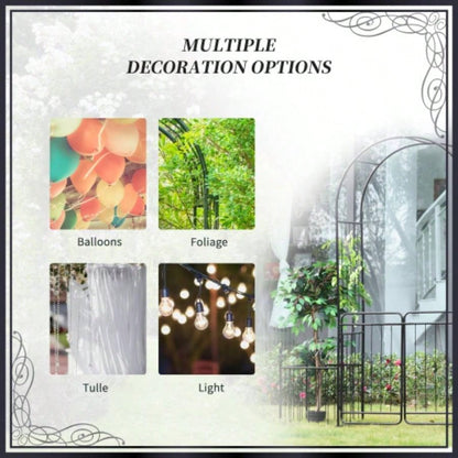 Outsunny 86 Garden Arbor Arch Gate with Trellis Sides Climbing Plants, Wedding Ceremony Decorations, Grape Vines with Locking Doors, Planter Baskets, Flourishes Tips, Black