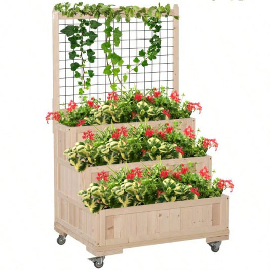 Outsunny 3 - Tiers Raised Garden Bed with Trellis, 53 H Vertical Planter Box with Wheels Back Storage Area, Flowers, Vegetables, Herbs, Natural