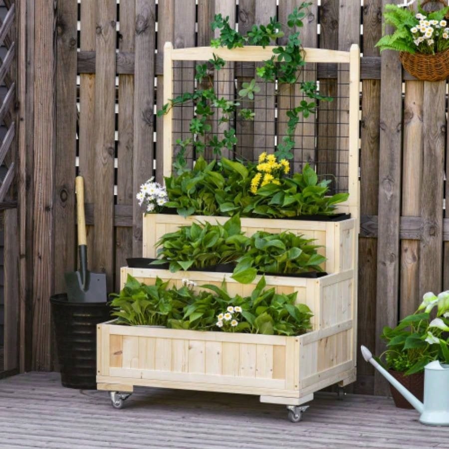 Outsunny 3 - Tiers Raised Garden Bed with Trellis, 53 H Vertical Planter Box with Wheels Back Storage Area, Flowers, Vegetables, Herbs, Natural
