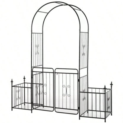 Outsunny 86 Garden Arbor Arch Gate with Trellis Sides Climbing Plants, Wedding Ceremony Decorations, Grape Vines with Locking Doors, Planter Baskets, Flourishes Tips, Black