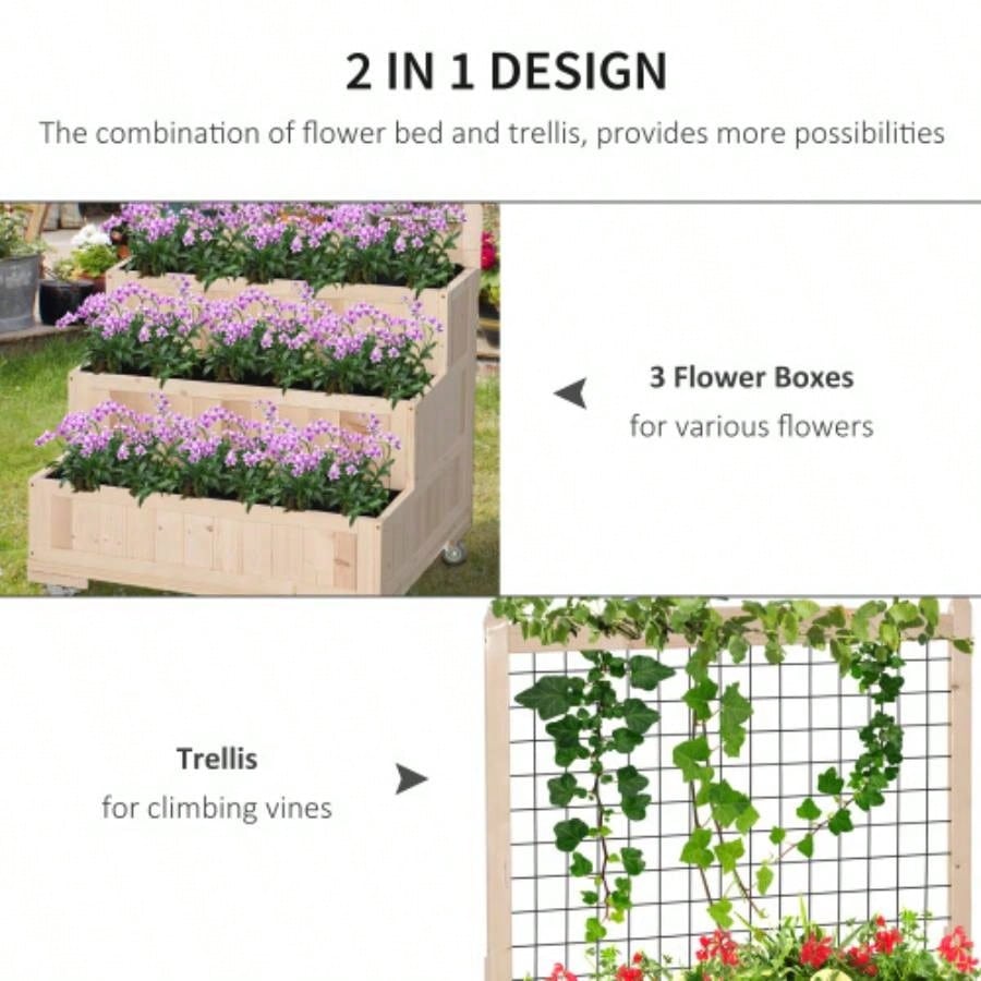 Outsunny 3 - Tiers Raised Garden Bed with Trellis, 53 H Vertical Planter Box with Wheels Back Storage Area, Flowers, Vegetables, Herbs, Natural