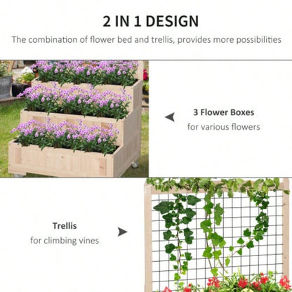 Outsunny 3 - Tiers Raised Garden Bed with Trellis, 53 H Vertical Planter Box with Wheels Back Storage Area, Flowers, Vegetables, Herbs, Natural