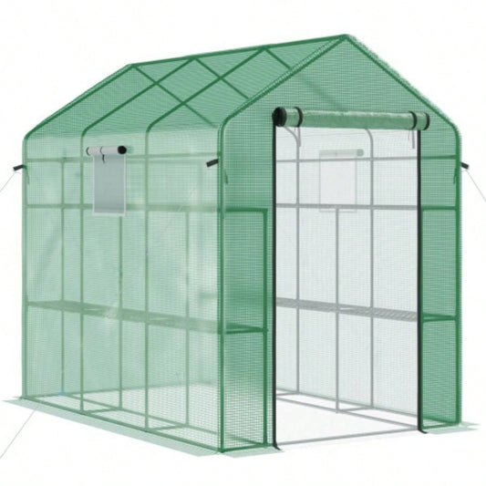 Outsunnyx 5x 6 Walk - in Greenhouse with Mesh Door and, 18 Shelf Hot House with Trellis, Plant Labels, protective Growing Flowers, Herbs, Vegetables, Saplings, Green