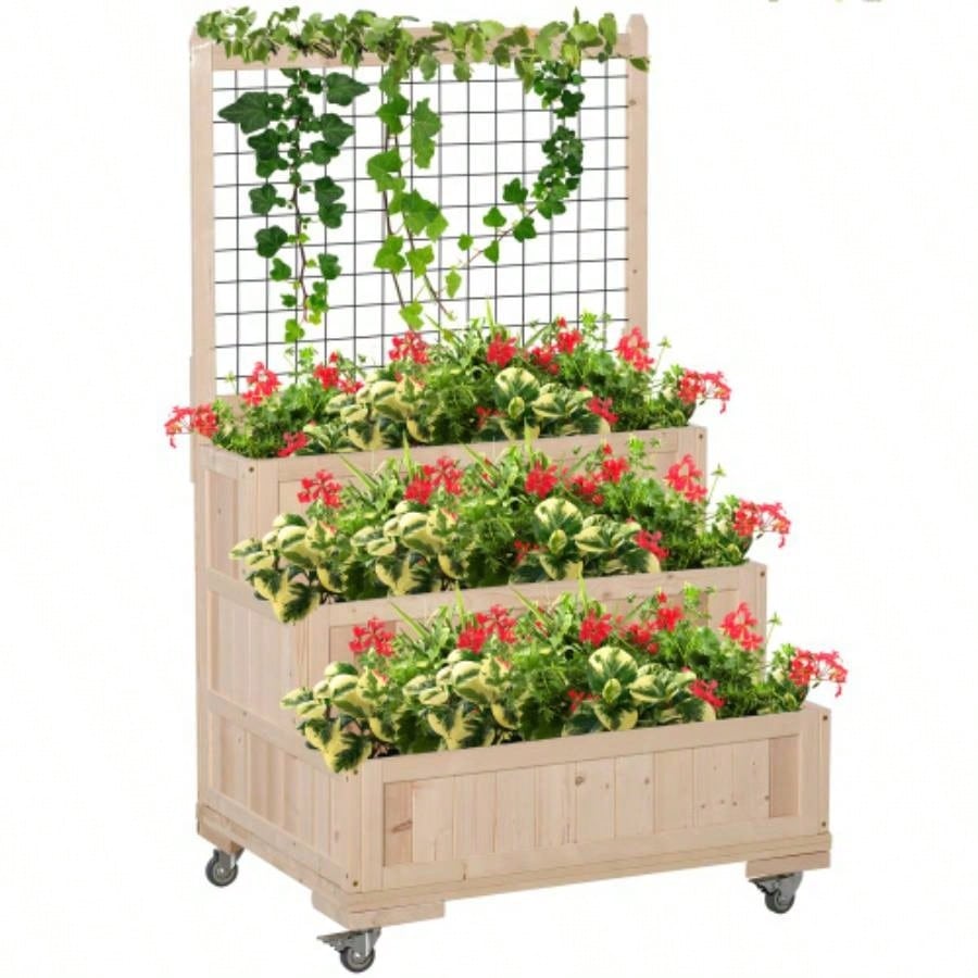 Outsunny 3 - Tiers Raised Garden Bed with Trellis, 53 H Vertical Planter Box with Wheels Back Storage Area, Flowers, Vegetables, Herbs, Natural