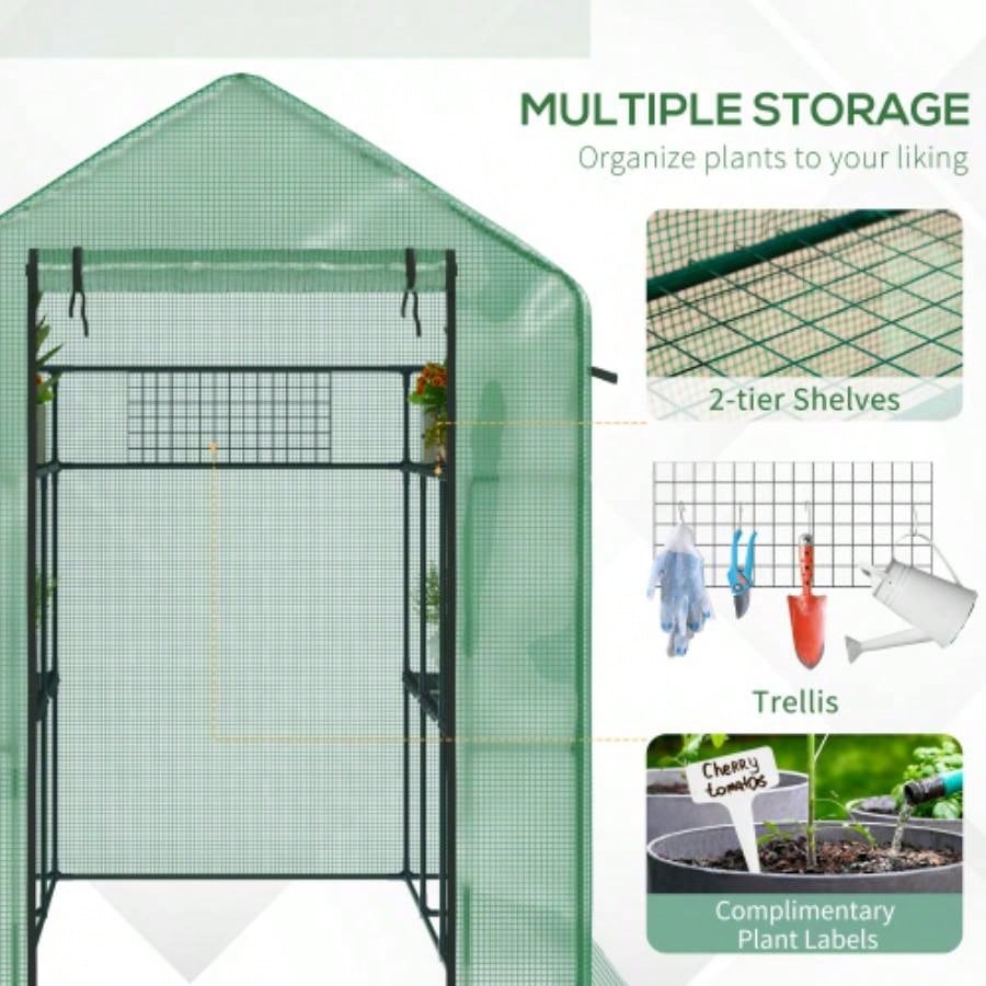 Outsunnyx 5x 6 Walk - in Greenhouse with Mesh Door and, 18 Shelf Hot House with Trellis, Plant Labels, protective Growing Flowers, Herbs, Vegetables, Saplings, Green